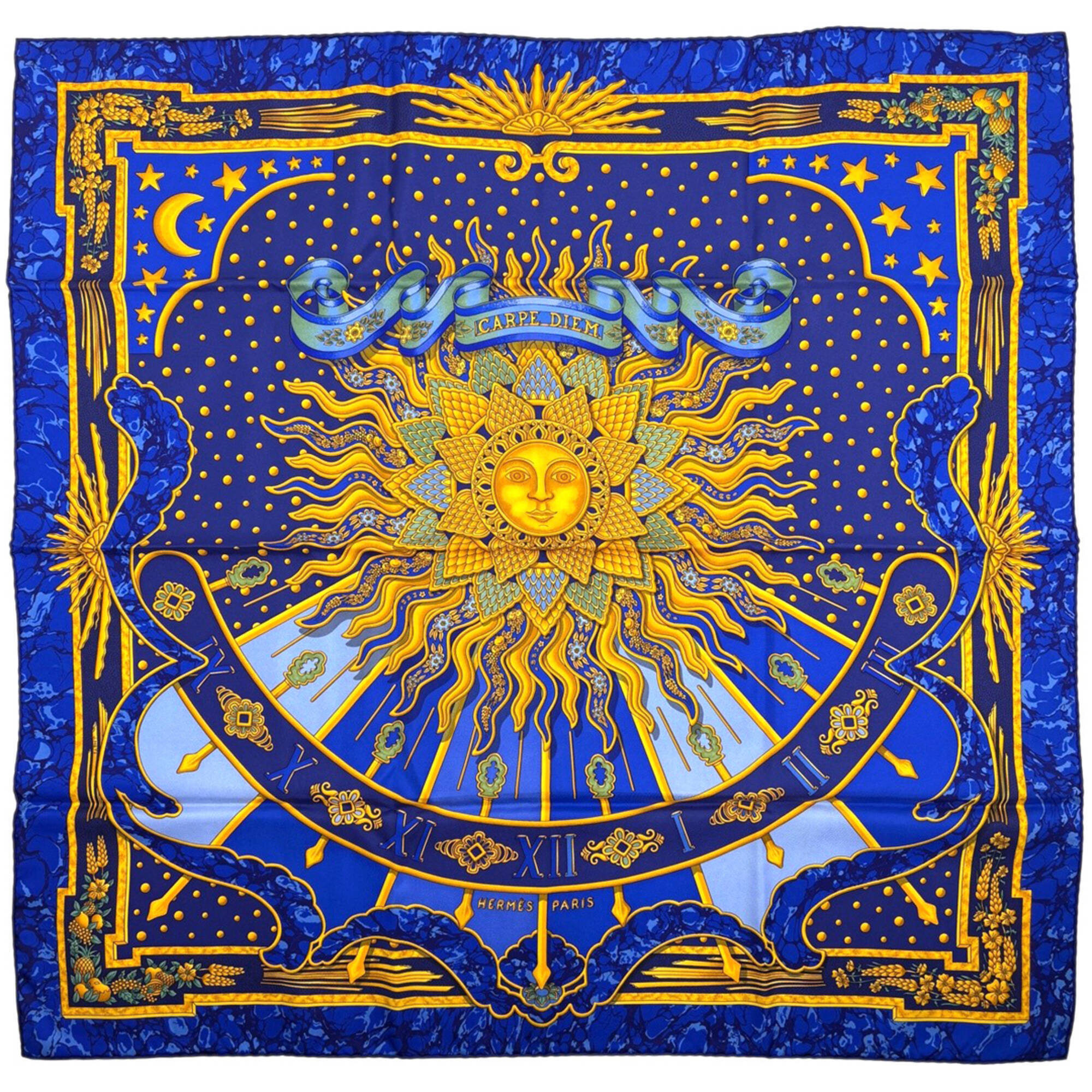 Hermes Carpe 90 "Enjoy Today" Sun, Moon, Star Scarf/Muffler, Silk, Blue Multi...